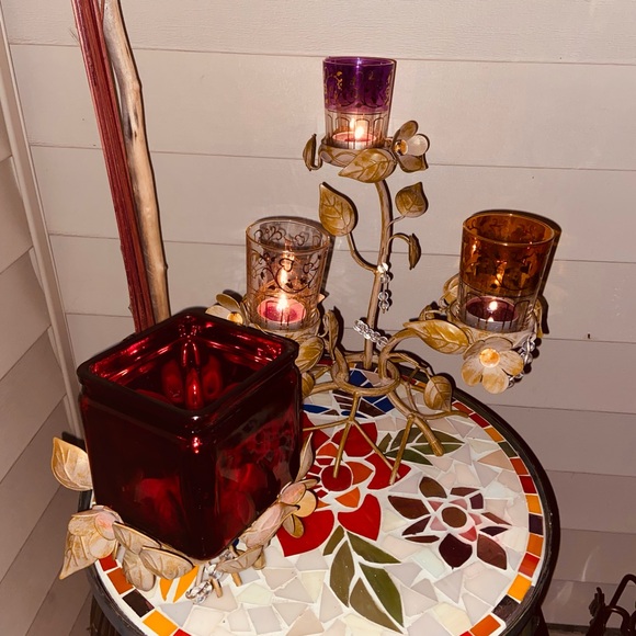 PartyLite Vintage 3+1 Candle Holder Centerpiece-Metal Leaves&Flowers, Beads&Gems - Picture 9 of 17